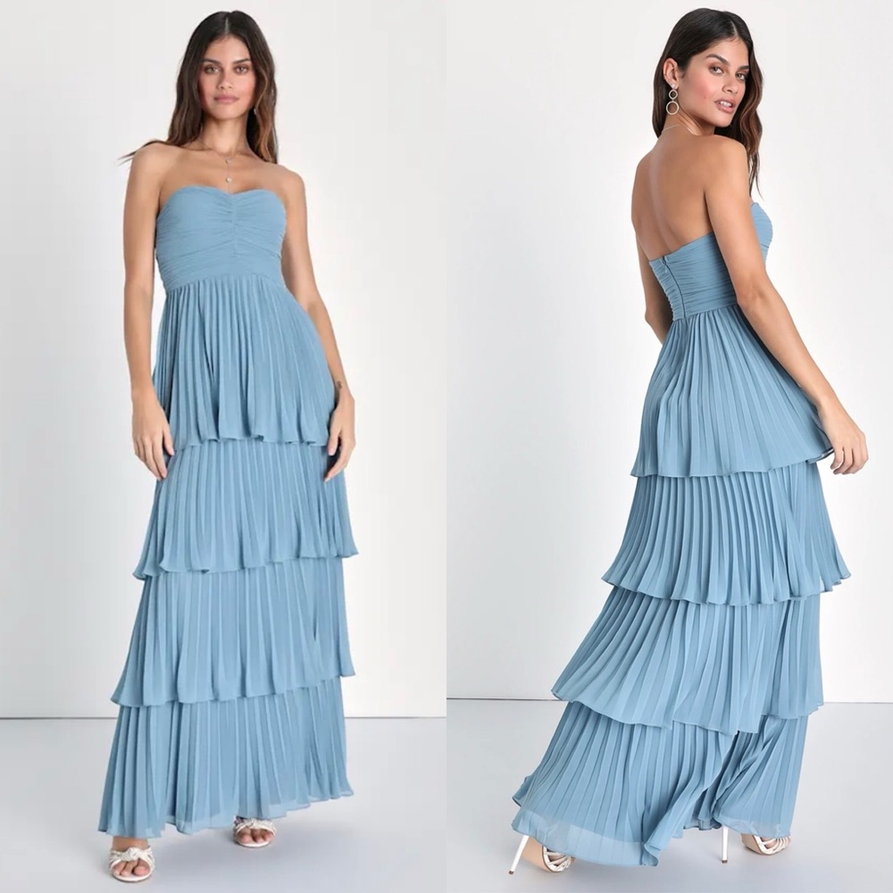 Lulus NWT Seriously Sensational Light Blue Strapless Tiered Maxi Dress